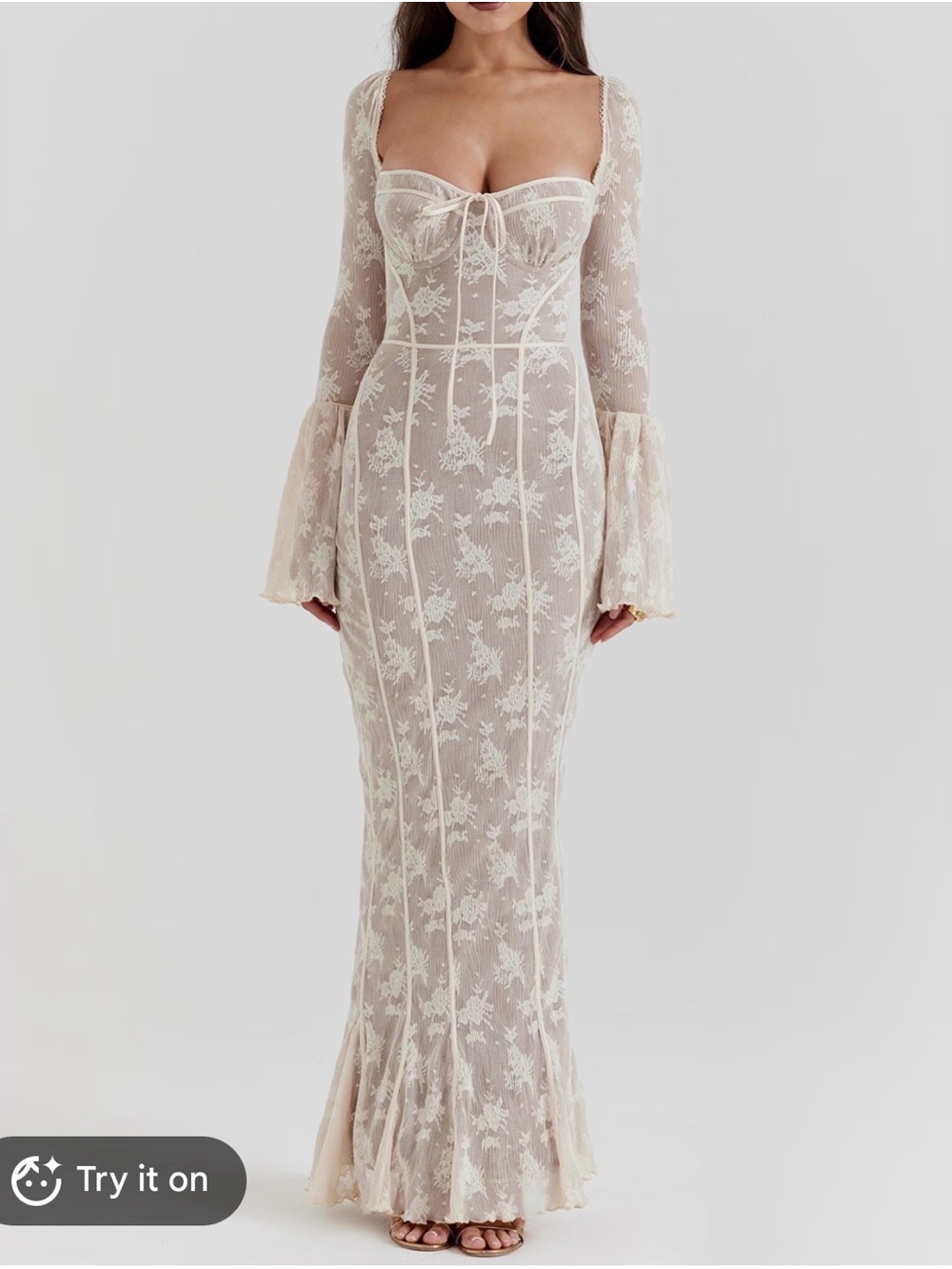 Sheer Lace Long Sleeve Mermaid Dress in Cream